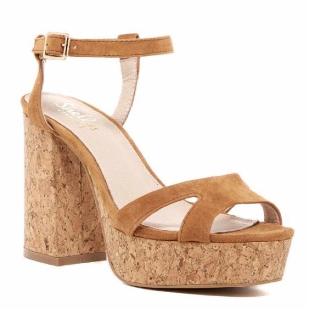 GUC Shelly’s Of London 5.5 Open toe stacked heel platform shoe. Cork sole.